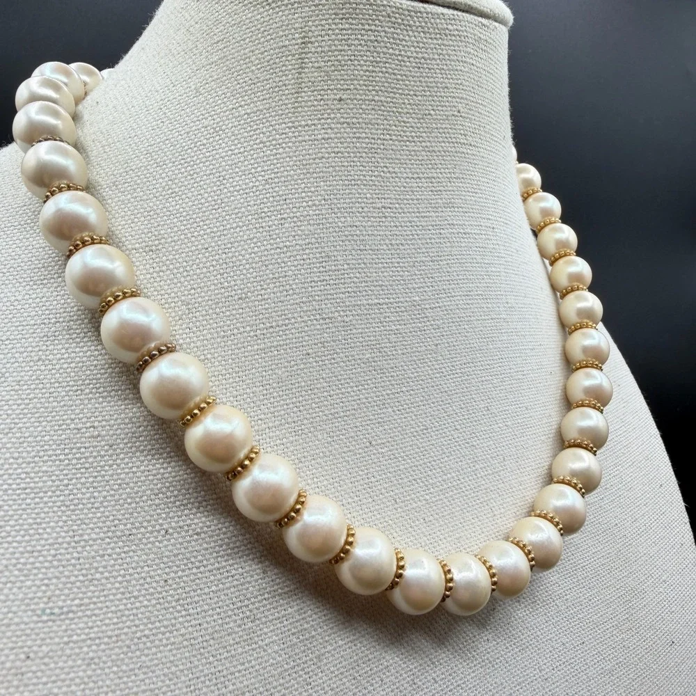 Cream Faux Pearl Beaded Necklace Gold Tone Spacer Classic Elegant Statement
